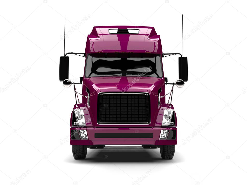 Metallic magenta semi trailer truck - front view