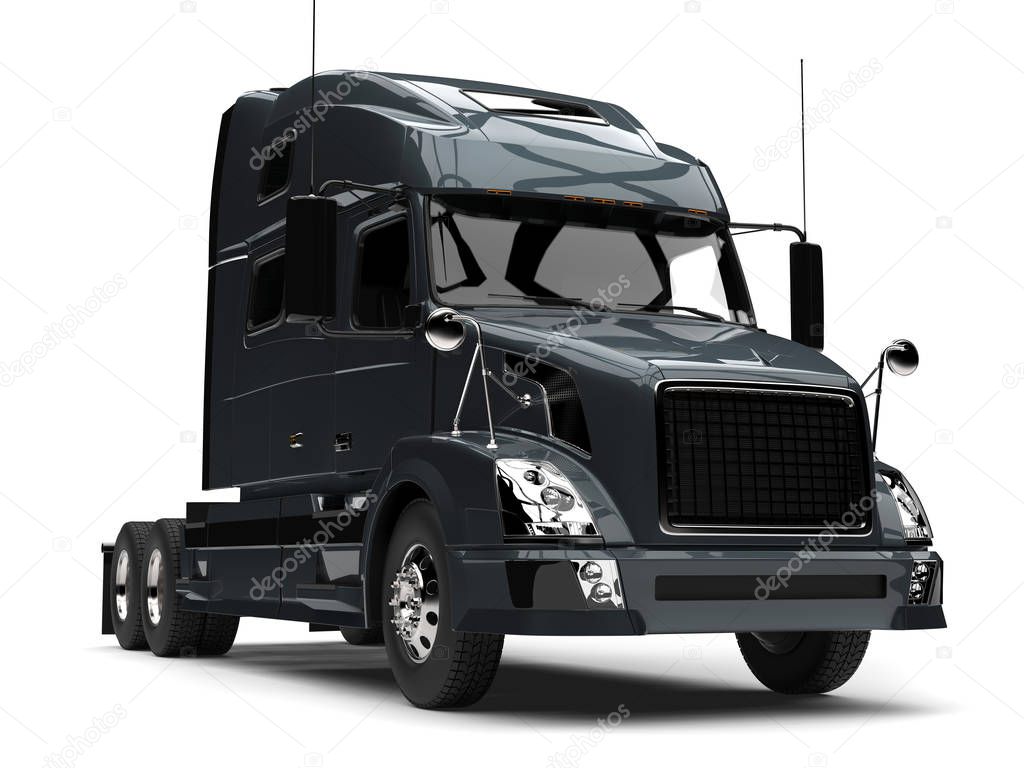 Dark slate gray modern semi trailer truck - closeup shot