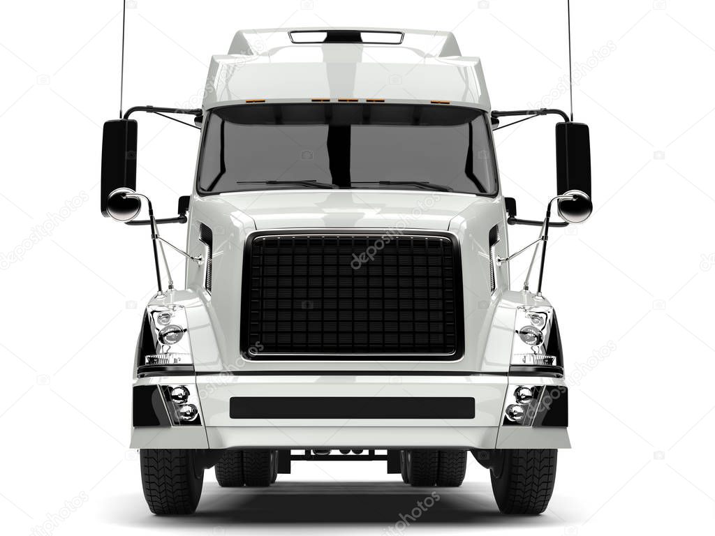 Basic white modern semi trailer truck - front view closeup shot