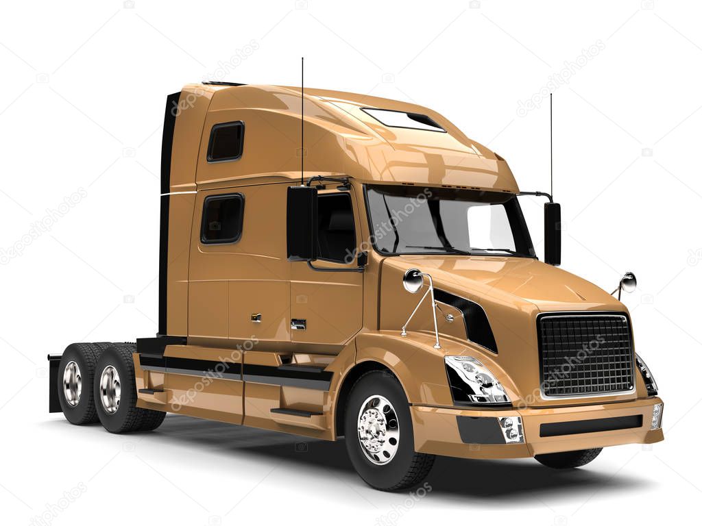 Metallic golden semi trailer truck - closeup shot