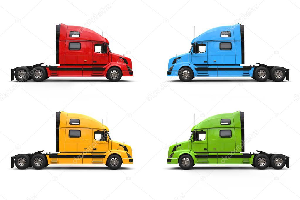Modern semi trailer trucks - blue, yellow, red and green