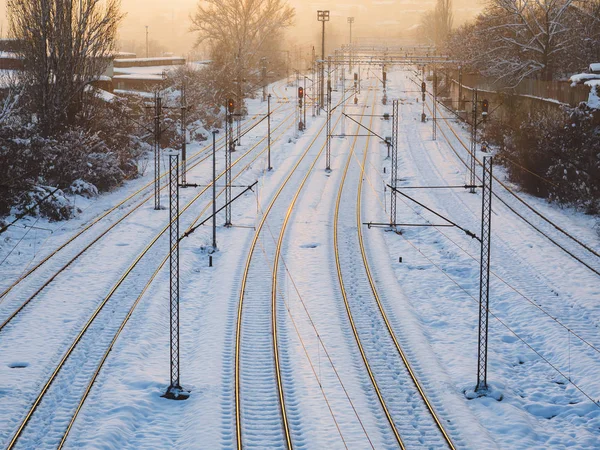 Rutas Tren Vacías Cubiertas Nieve — Foto de Stock