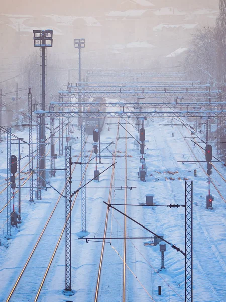 Comboio Perto Estação Ferroviária Inverno — Fotografia de Stock