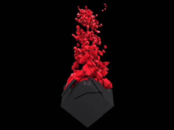 Cubo Preto Fragmentado Estilhaçado Fragmentos Vermelhos Caindo — Fotografia de Stock
