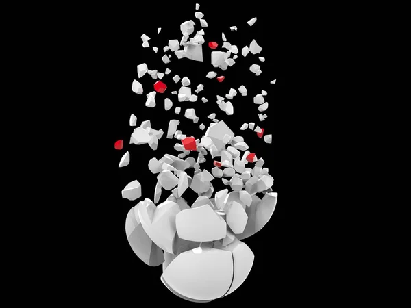 Esfera Branca Fragmentada Estilhaçada Peças Brancas Vermelhas Caindo — Fotografia de Stock