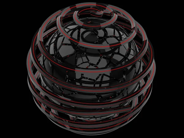 Чорні Абстрактні Форми Блискучою Червоною Лінією Спіралі Навколо Поламаної Сфери — стокове фото