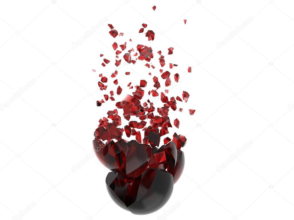 Dark red glass sphere shattering into hundred pieces