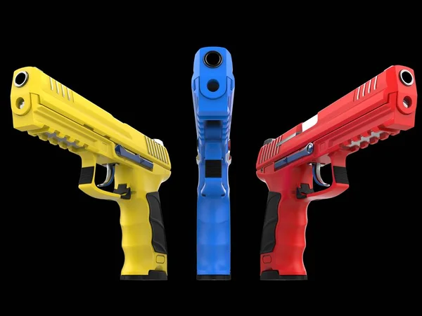 Tres Modernas Pistolas Semiautomáticas Roja Azul Amarilla —  Fotos de Stock