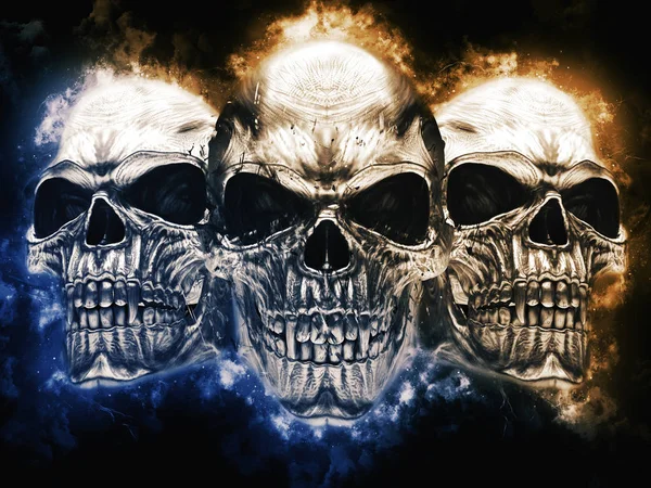3つの怒っている金属の吸血鬼の頭蓋骨 それらの周りの青とオレンジのエネルギー雲 — ストック写真