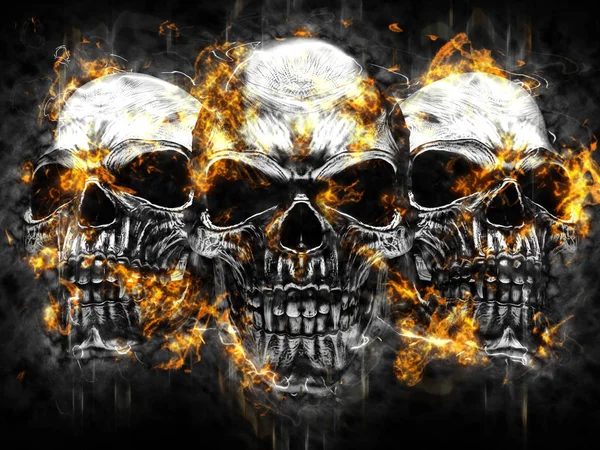 3つの金属の吸血鬼頭蓋骨 燃える火と炎 — ストック写真