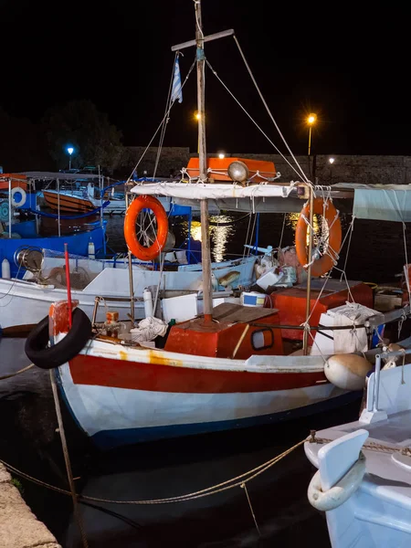 Beautiful Small Fishing Boats Docked Marina Fortezza Crete Greece — Stock Photo, Image