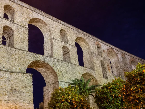 Aqueduc Romain Antique Orangers Palmiers Devant Lui Plan Nocturne Kavala — Photo