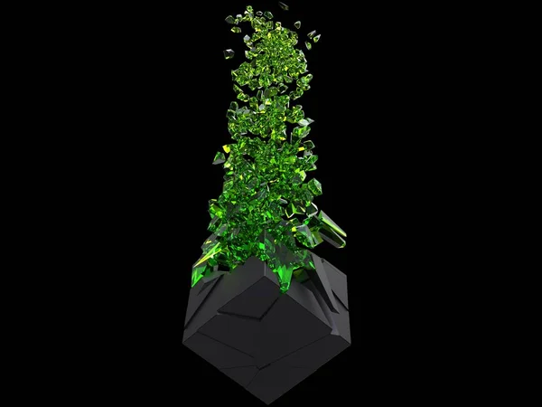 Black cube exploding into thousand green crystal pieces