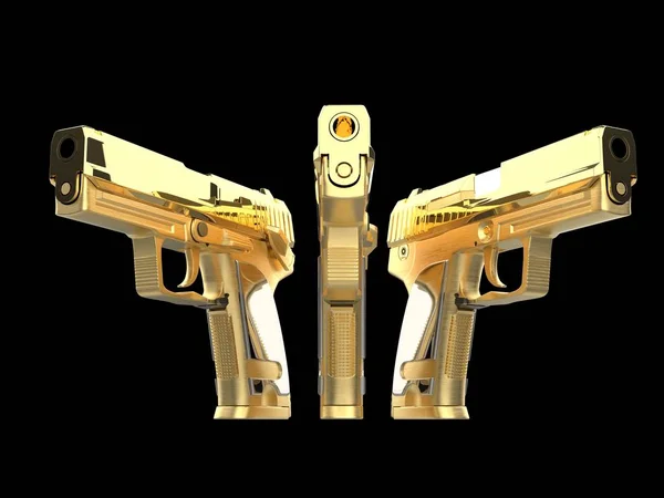 Three beautiful shiny golden guns side by side