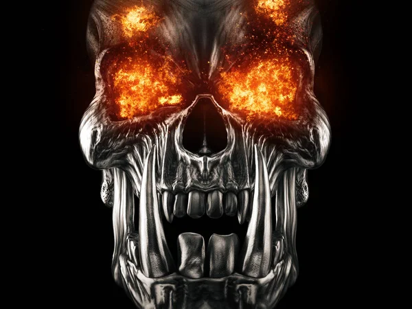 Dämon Ork Totenkopf Aus Dunklem Metall Mit Flammenden Augen — Stockfoto