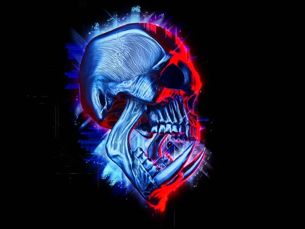 Glowing blue demon skull with huge lower teeth and red glow