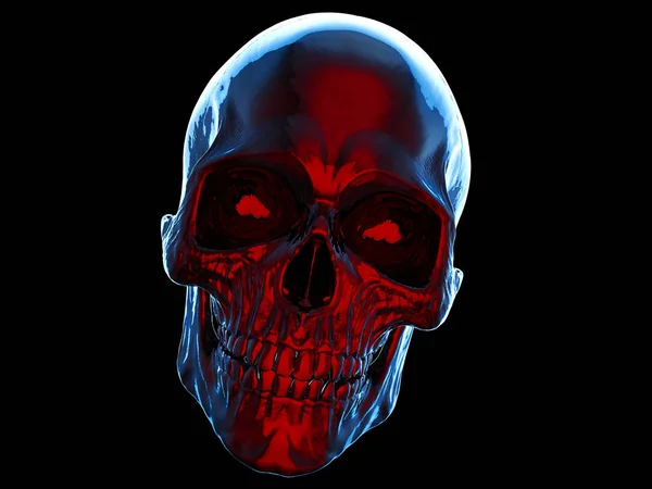 Dunkel Lächelnder Totenkopf Mit Roter Frontbeleuchtung Mit Blauer Hintergrundbeleuchtung — Stockfoto