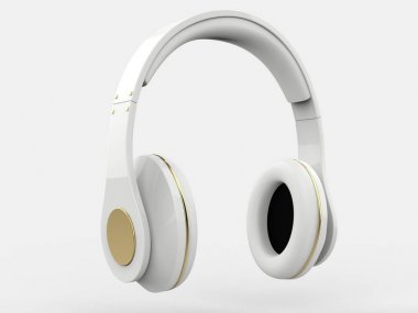 Modern wireless shiny white headphones with gold details clipart