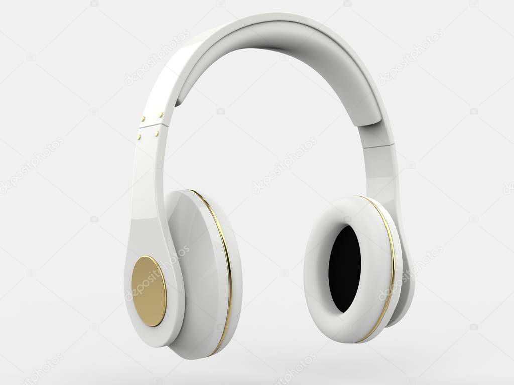 Modern wireless shiny white headphones with gold details