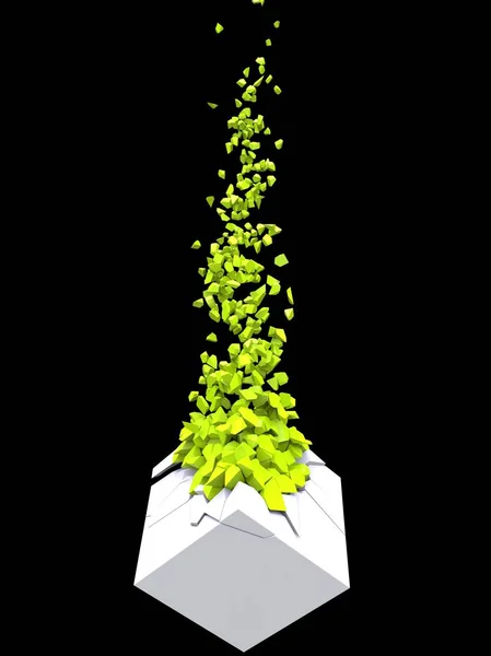 Forma Cubo Abstrato Branco Explodindo Milhares Peças Verdes Brilhantes — Fotografia de Stock