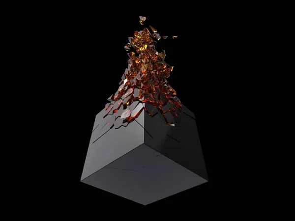 小さな琥珀色の結晶に砕く光沢のある黒い立方体 — ストック写真