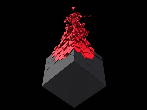 Matte Black Cube Exploding Small Red Fragments — Stock Photo, Image