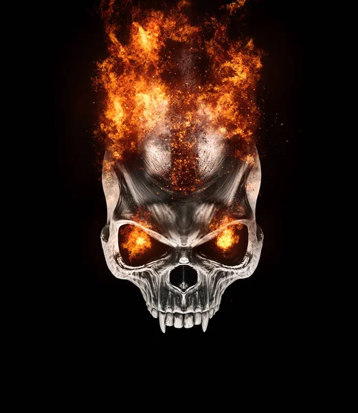 Burning metal vampire skull with flaming eyes