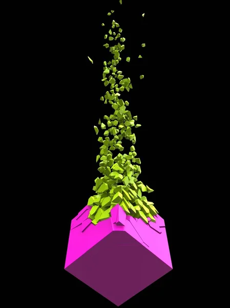 Forma Cubo Abstrato Rosa Explodindo Milhares Peças Verdes Brilhantes — Fotografia de Stock