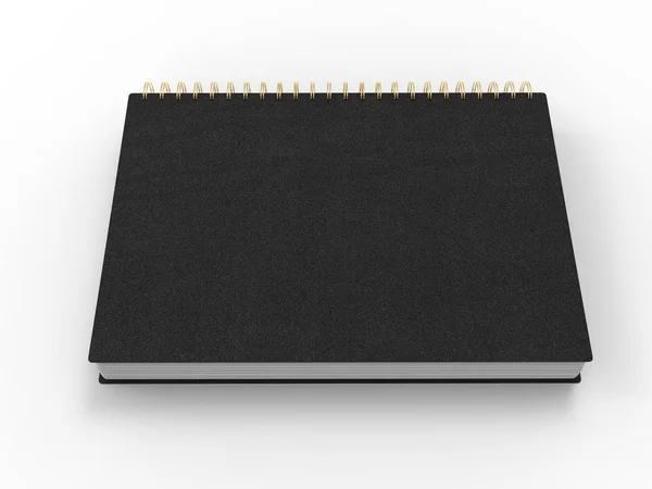 Black Notebook Golden Spiral Binding Leather Covers Top Side View — Stock Photo, Image