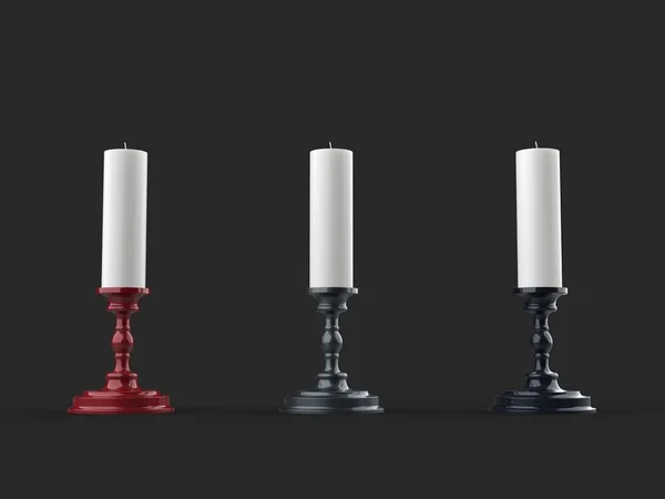 三支白蜡蜡烛在闪亮的金属红色 灰色和黑色烛台上 — 图库照片