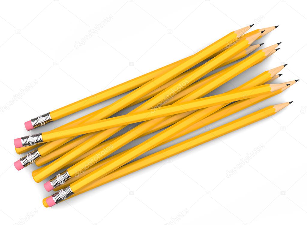 Bunch of yellow pencils, with and without erasers - top down view
