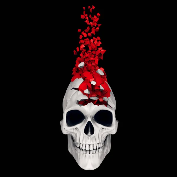 Broken white skull with red pieces floating off