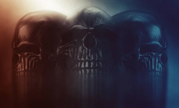 Three creepy dark skulls in the red and blue mist