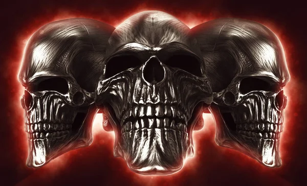 Tres Cráneos Demonios Metal Enojado Brillo Rojo Ardiendo Brillante —  Fotos de Stock