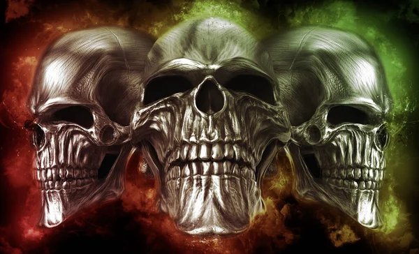 Three dar metal skulls in red and green smoke