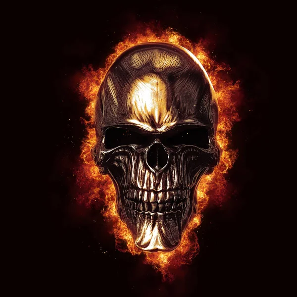 Shiny dark metal skull in flames