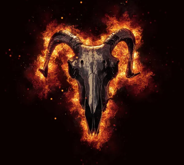 Dark Ram Skull Engulfed Flames Fire — Stock Photo, Image