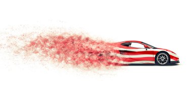 Beyaz çizgili kırmızı yarış arabası parçacıklara ayrılır.