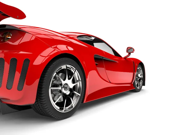 Moderní Šarlatové Červené Sportovní Superauto Zadní Kolo Detailní Záběr — Stock fotografie