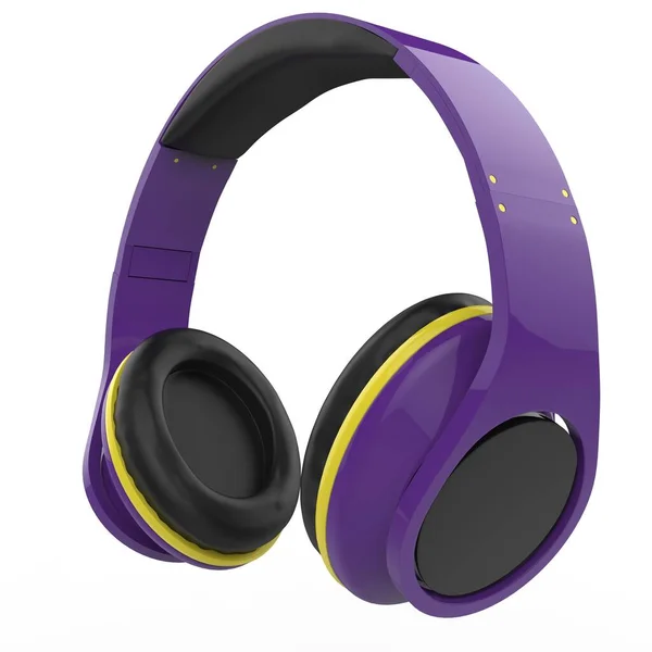 Headphones Roxos Sem Fio Modernos Com Detalhes Amarelos Brilhantes Vista — Fotografia de Stock