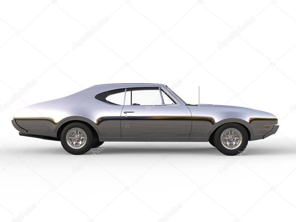 Chrome plated vintage retro muscle car - side view