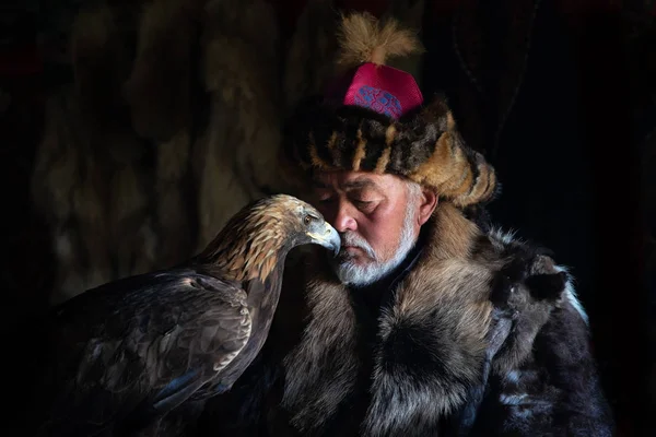 Old kazakh eagle hunter with his golden eagle.