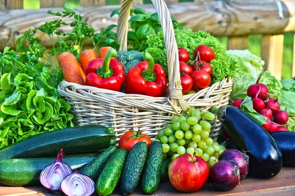 柳条篮中新鲜有机蔬菜的种类 — 图库照片