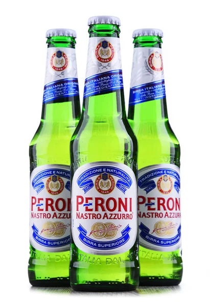 Poznan Pol Mayo 2018 Botellas Peroni Nastro Azzurro Una Cerveza —  Fotos de Stock