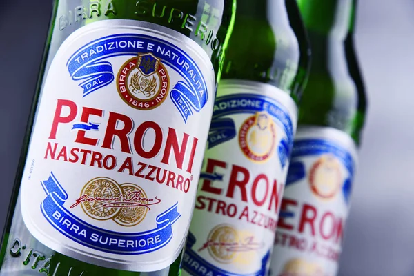 Poznan Pol May 2018 Bottles Peroni Nastro Azzurro Premium Lager — Stock Photo, Image