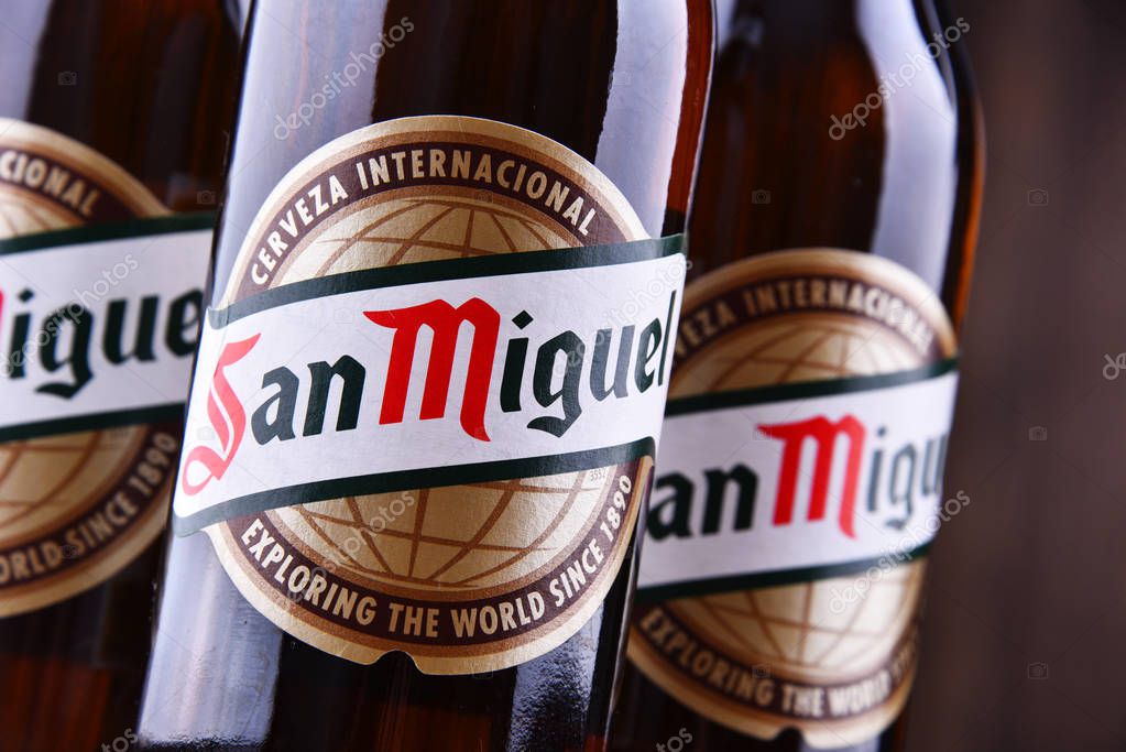 POZNAN, POL - JUN 7, 2018: Bottles of San Miguel Beer, a Filipino pale lager produced by San Miguel Brewery since 1890.