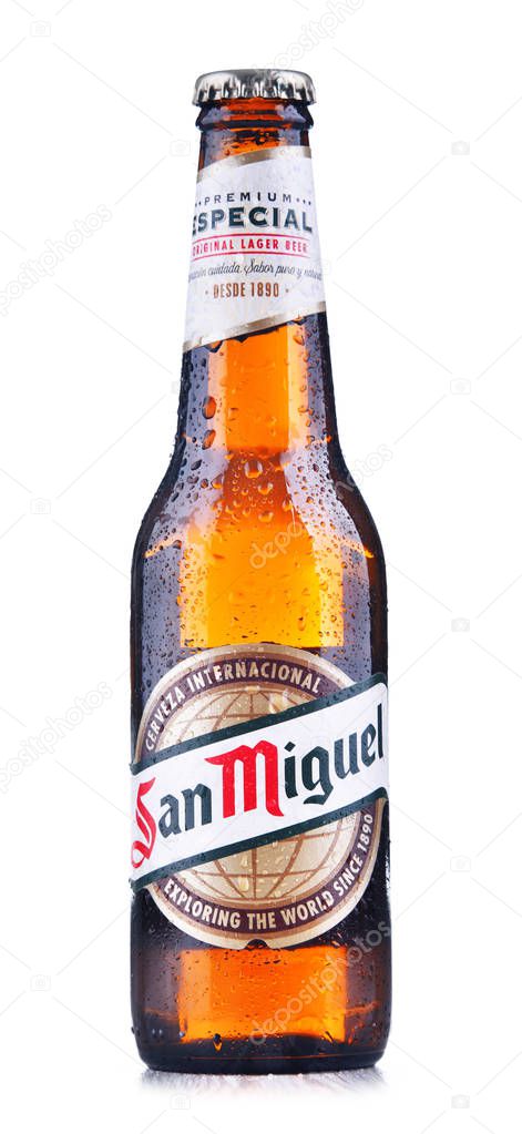 POZNAN, POL - JUN 7, 2018: Bottle of San Miguel Beer, a Filipino pale lager produced by San Miguel Brewery since 1890.