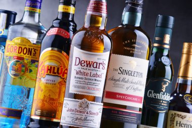 Poznan, Polonya - 14 Haziran 2018: Çeşitli küresel sert likör markalar şişe