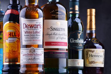 Poznan, Polonya - 14 Haziran 2018: Çeşitli küresel sert likör markalar şişe