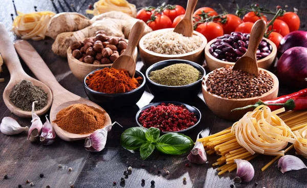 Composition with assorted organic food products on the table.